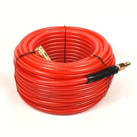 Interstate Pneumatics 100ft Red Translucent PVC Hose Kit with 1/4" Brass Coupler & Brass Plug 300 PSI 4:1 Safety Factor HA04-100H44B